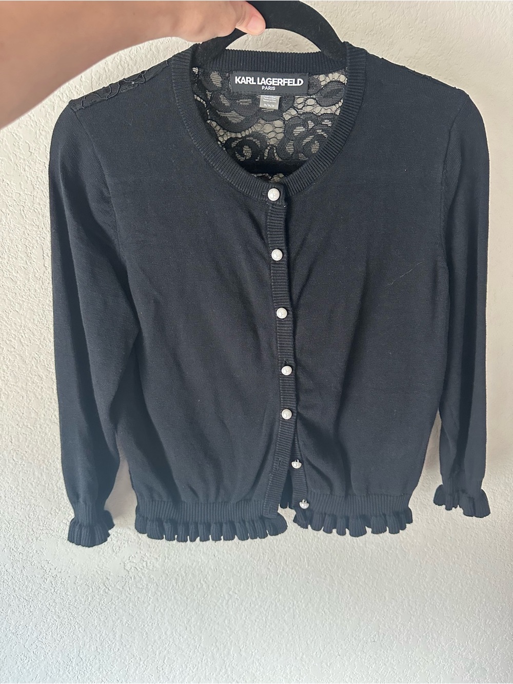 Karl Lagerfeld Paris Black Knit Cardigan Sweater With Rose Lace Back size Small